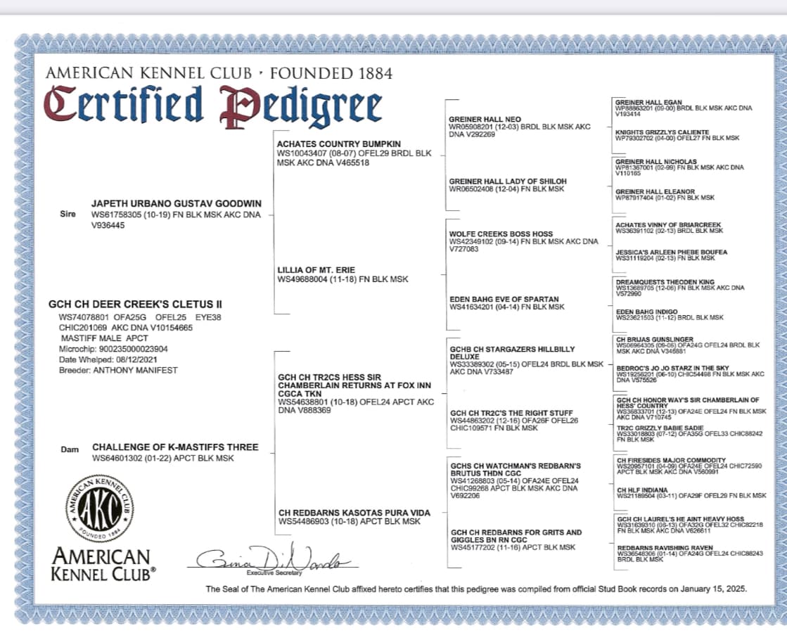 AKC Certified Pedigree, compiled January 15, 2025