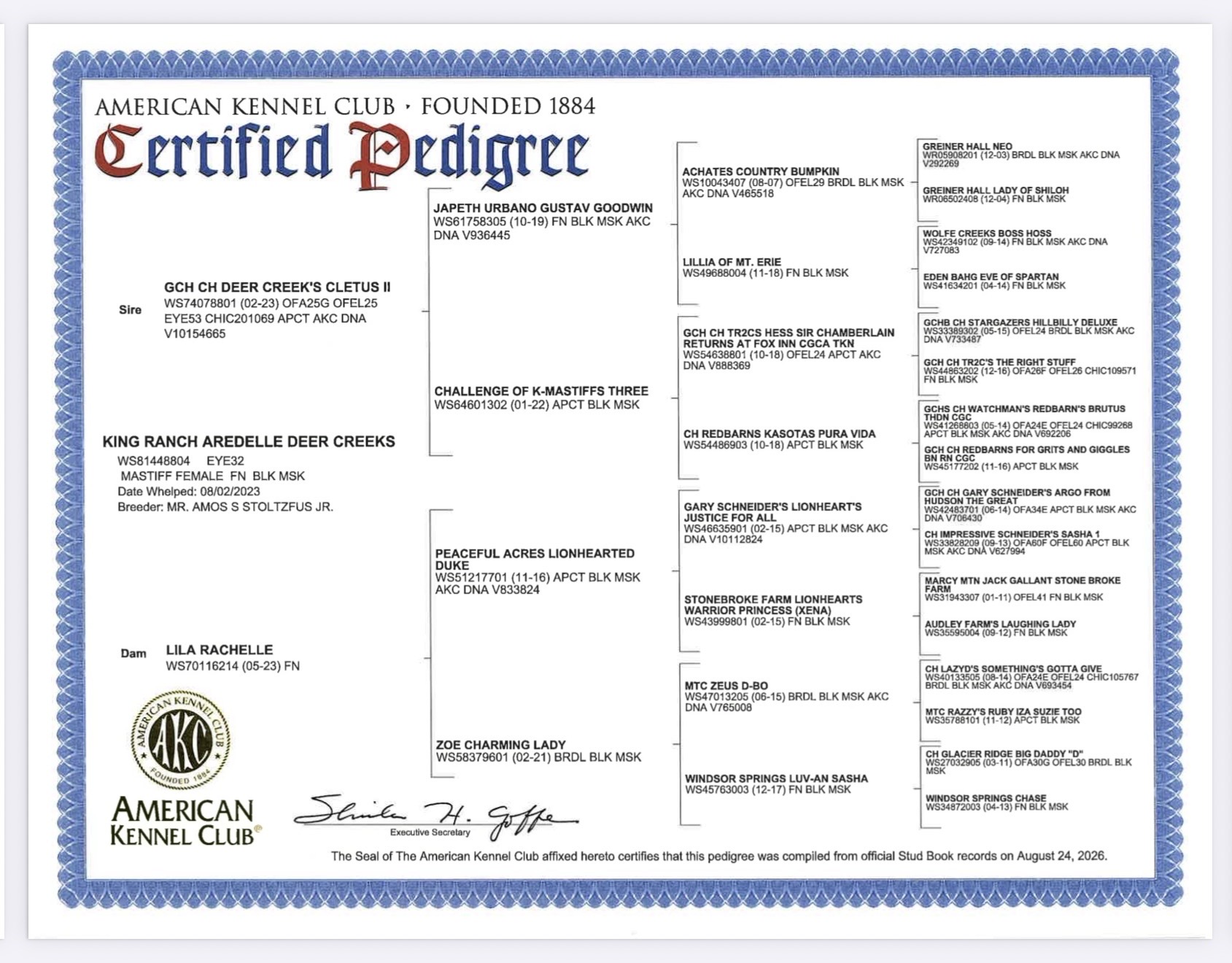 AKC certified four-generation pedigree for Della
